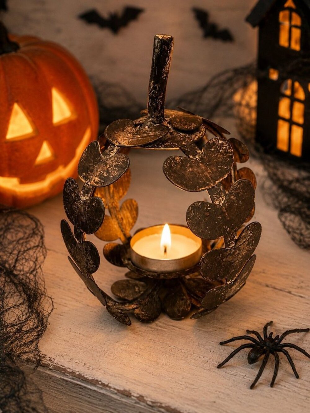 Rustic Wrought Iron Pumpkin Candle Holder Halloween Fall Table Decor 7 3/4"